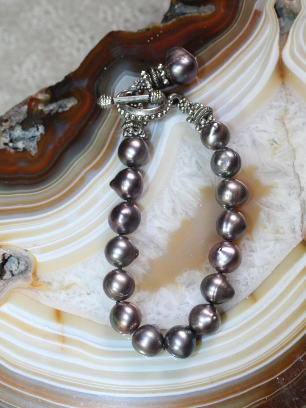 Dark Grey Iridescent Baroque Pearl 7.5" Bracelet